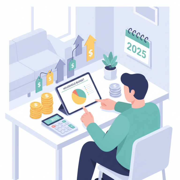 Inflation 7 gestes concrets illustration with person managing 2025 budget, coins, calculator, and rising prices.