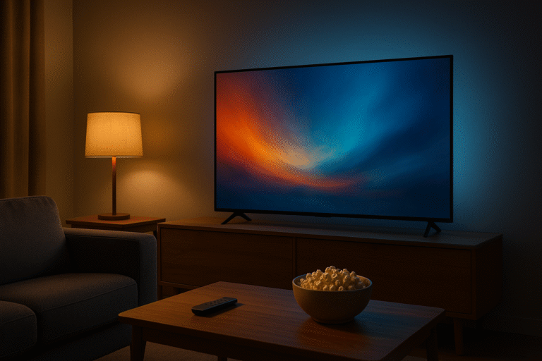 Mini séries : salon nocturne chaleureux avec TV, lumière ambre et cyan