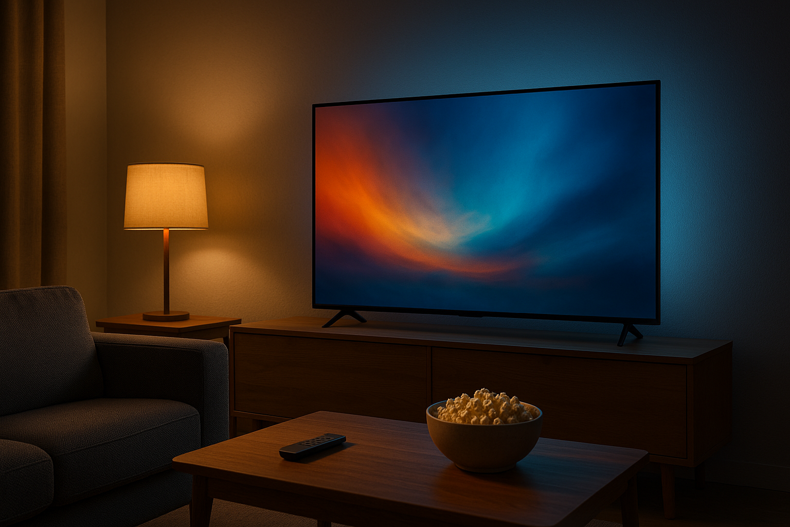 Mini séries : salon nocturne chaleureux avec TV, lumière ambre et cyan